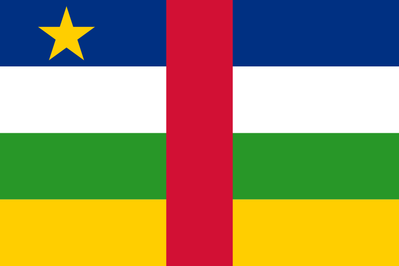 Central African Rep Flag Printed Nylon 3' x 5' with yellow star and cross, strong canvas header, brass grommets, and UV-resistant nylon, ideal for outdoor use.