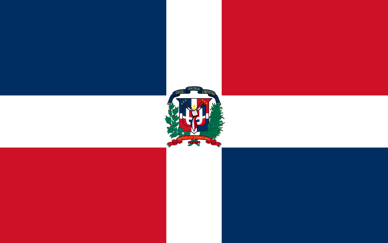 Dominican Rep Flag Printed Nylon 2' x 3' with red, white, and blue cross, featuring official design, canvas header, brass grommets, and UV-resistant nylon.