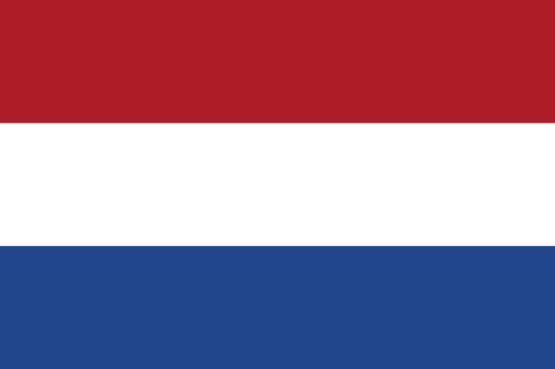 Netherlands Flag Printed Nylon 3' x 5' with strong canvas header and two brass grommets, suitable for indoor or outdoor use.