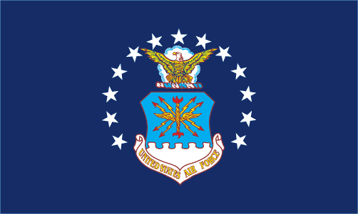 US Air Force Flag Printed Nylon 4' x 6', featuring the Air Force seal with an eagle and stars on a blue background, strong canvas header, and brass grommets.