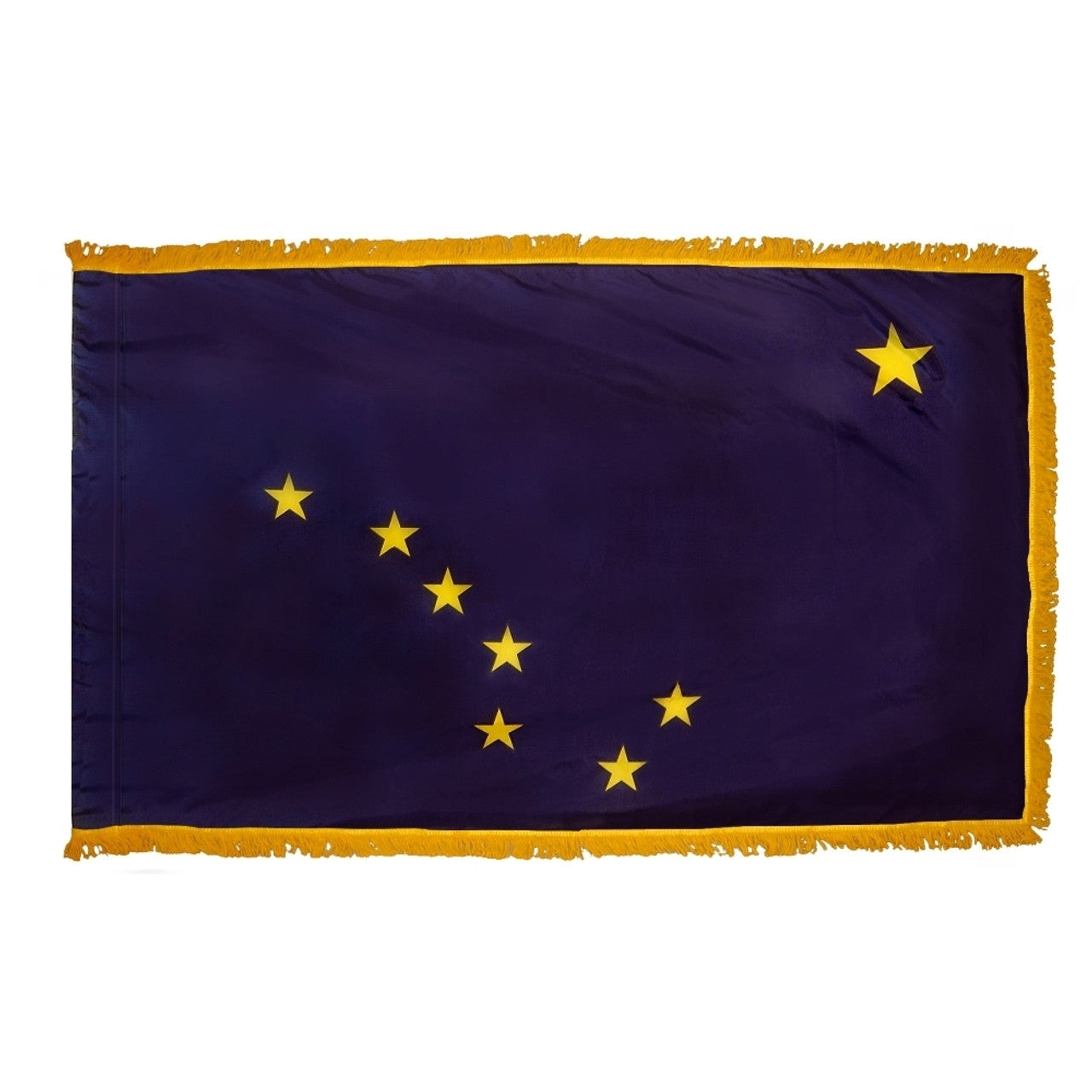 Alaska State Flag 3' x 5' INDOOR Printed Nylon, featuring yellow stars on a blue background, with a flannel-lined pole sleeve and golden yellow fringe.