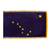 Alaska State Flag 4' x 6' INDOOR Printed Nylon, featuring yellow stars on a blue background, with flannel-lined pole sleeve and golden yellow rayon fringe.