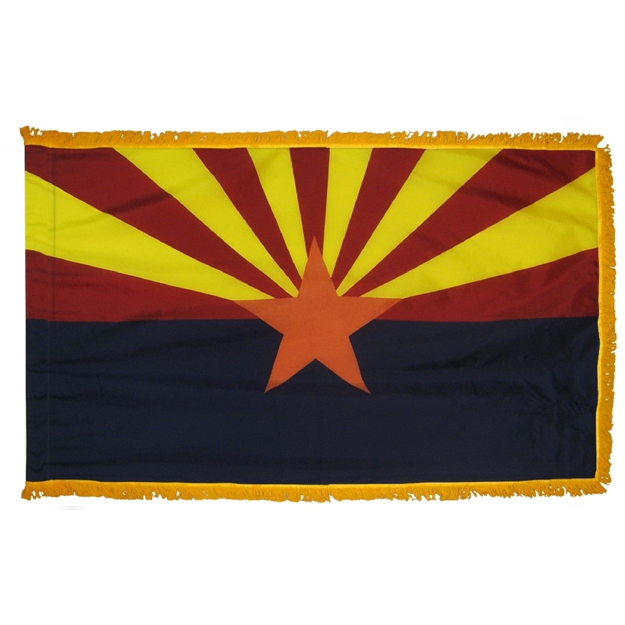 Arizona State Flag 3' x 5' INDOOR Printed Nylon with star symbol, flannel-lined pole sleeve, Velcro tabs, and golden yellow rayon fringe, designed for indoor display only.