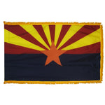 Arizona State Flag 4' x 6' INDOOR Printed Nylon with a star and sunburst design, featuring a NYL-GLO Nylon Flannel Lined Pole Sleeve and Golden Yellow Rayon Fringe.