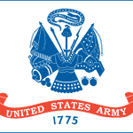 US Army Flag Printed with the official Department of the Army seal, scarlet scroll inscription United States Army, and 1775 on a white background.