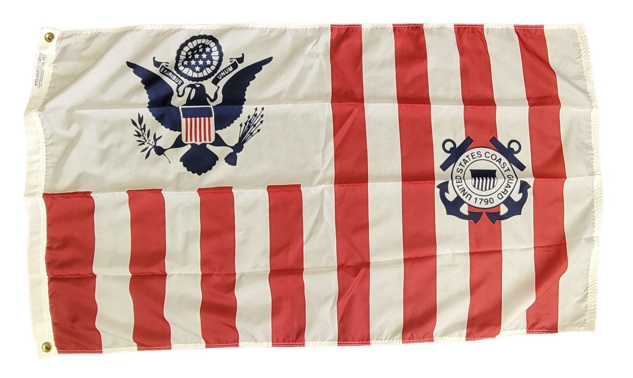 US Coast Guard Ensign Nylon Printed Flag 30 x 48 featuring a seal and anchor, made of 200 Denier Nylon with Header & Brass Grommets.