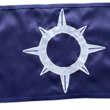 Custom SEWN Applique FLAG featuring a blue background with a prominent white circle, crafted from durable, UV-resistant nylon.