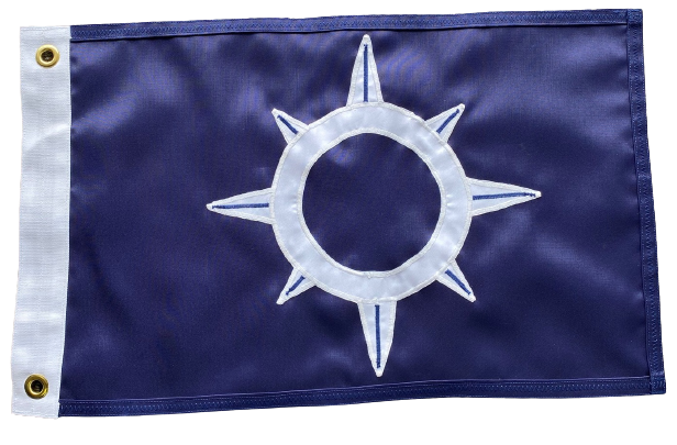 Custom SEWN Applique FLAG featuring a blue background with a prominent white circle, crafted from durable, UV-resistant nylon.