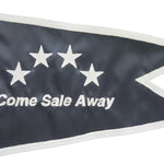 Custom SEWN Applique BURGEE featuring white text and a white star on a black flag, crafted with double-layered nylon and brass grommets.