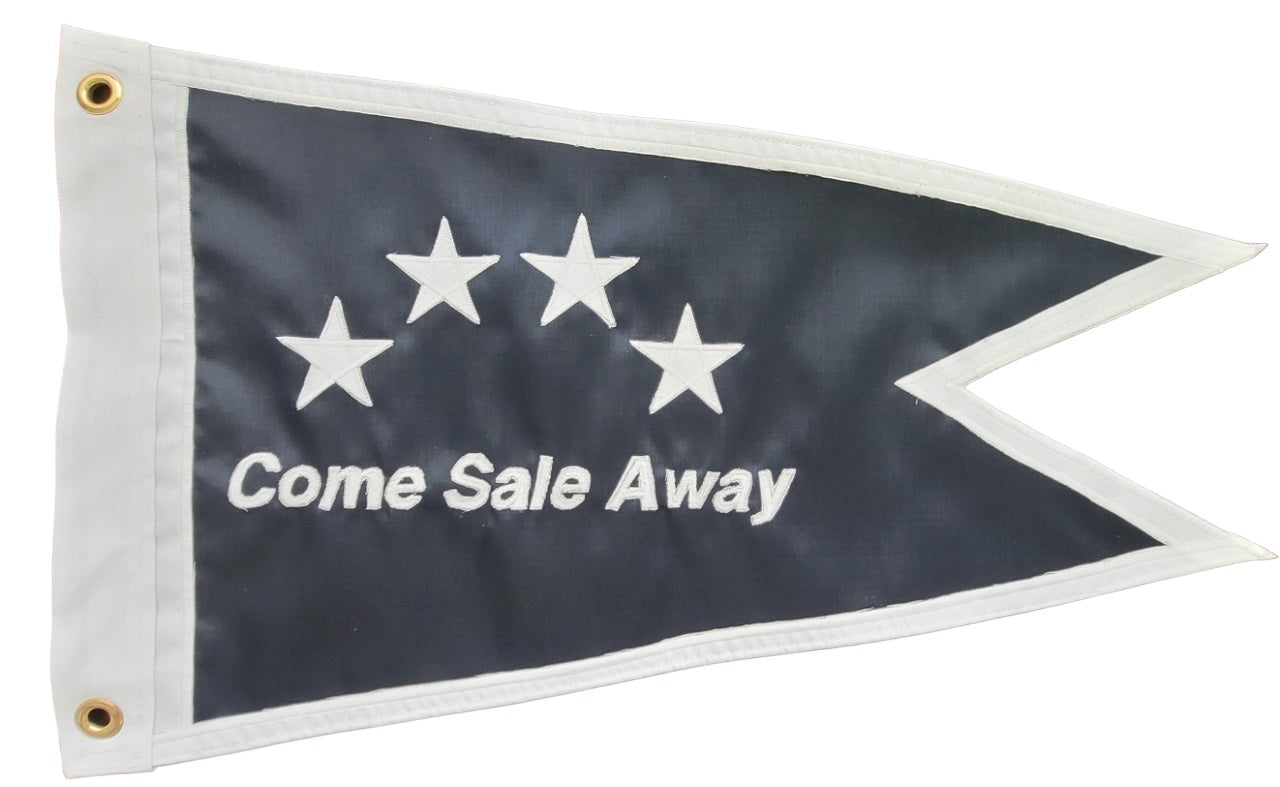 Custom SEWN Applique BURGEE featuring white text and a white star on a black flag, crafted with double-layered nylon and brass grommets.