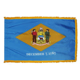 Delaware State Flag 3' x 5' INDOOR Printed Nylon with golden yellow fringe and pole sleeve with Velcro tabs, featuring an emblem with St. Andrew’s cross.