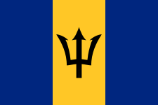 Barbados Courtesy Flag 12 x 18 Nylon featuring a black trident on a yellow and blue background, made with marine-grade solarmax nylon and brass grommets.