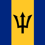 Barbados Courtesy Flag 12 x 18 Nylon with a black trident on a yellow and blue background, featuring marine-grade solarmax nylon and brass grommets.