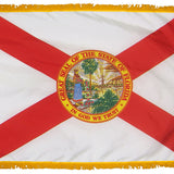 Florida State Flag 3' x 5' INDOOR Printed Nylon featuring a crimson cross of St. Andrew, yellow border, and official state seal, with golden yellow fringe.