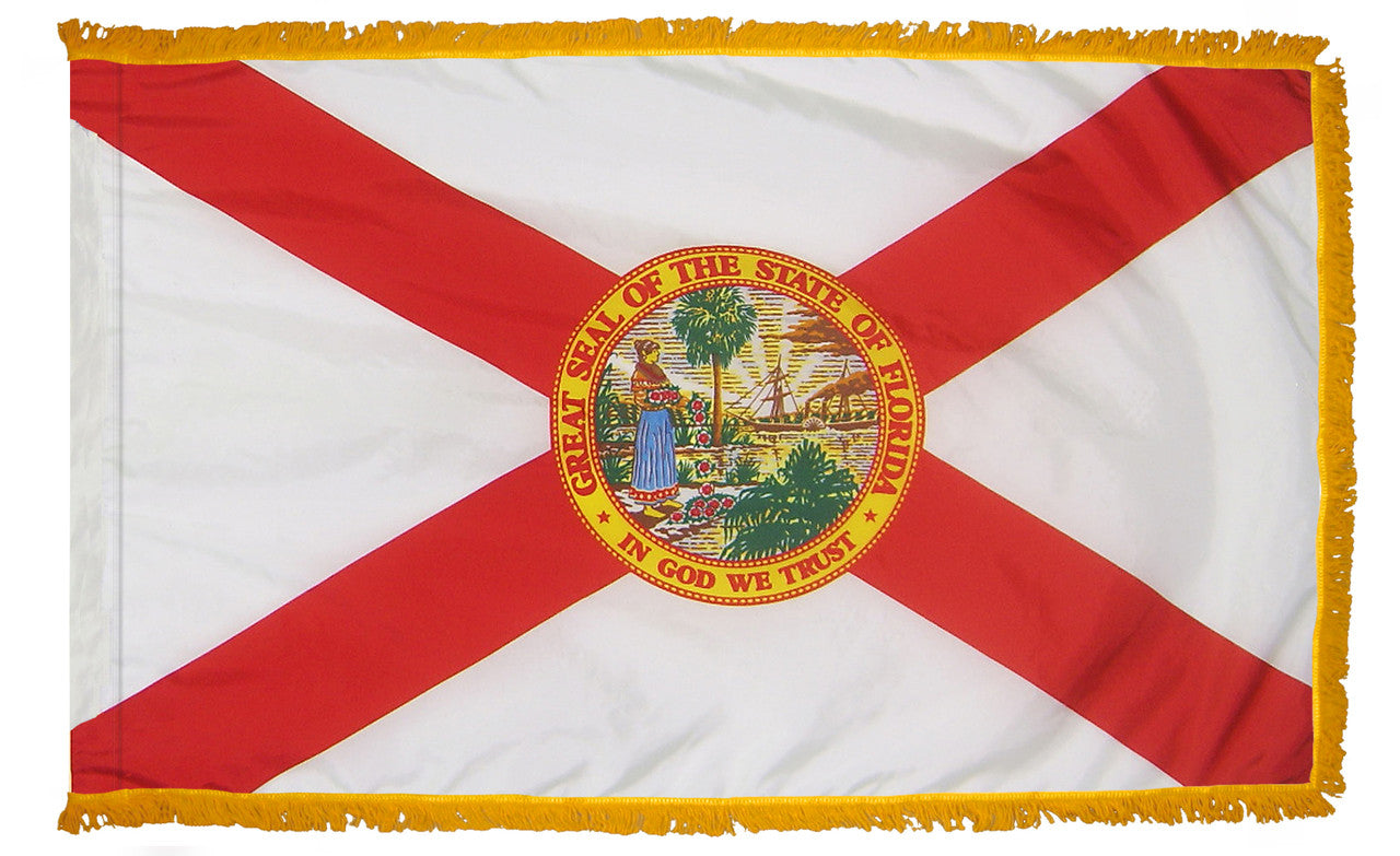 Florida State Flag 3' x 5' INDOOR Printed Nylon featuring a crimson cross of St. Andrew, yellow border, and official state seal, with golden yellow fringe.