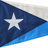 Custom SEWN Personalized Flag featuring a white star on a blue and white triangular design, crafted with UV-resistant nylon and solid brass grommets, made in the USA.