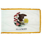 Illinois State Flag 3' x 5' INDOOR Printed Nylon with golden yellow fringe, featuring an eagle and shield design, and a flannel-lined pole sleeve with Velcro tabs.