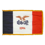 Iowa State Flag 3' x 5' INDOOR Printed Nylon, featuring a red, white, and blue design with a golden yellow fringe and an eagle with a ribbon.