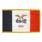 Iowa State Flag 3' x 5' INDOOR Printed Nylon, featuring a red, white, and blue design with a golden yellow fringe and an eagle with a ribbon.