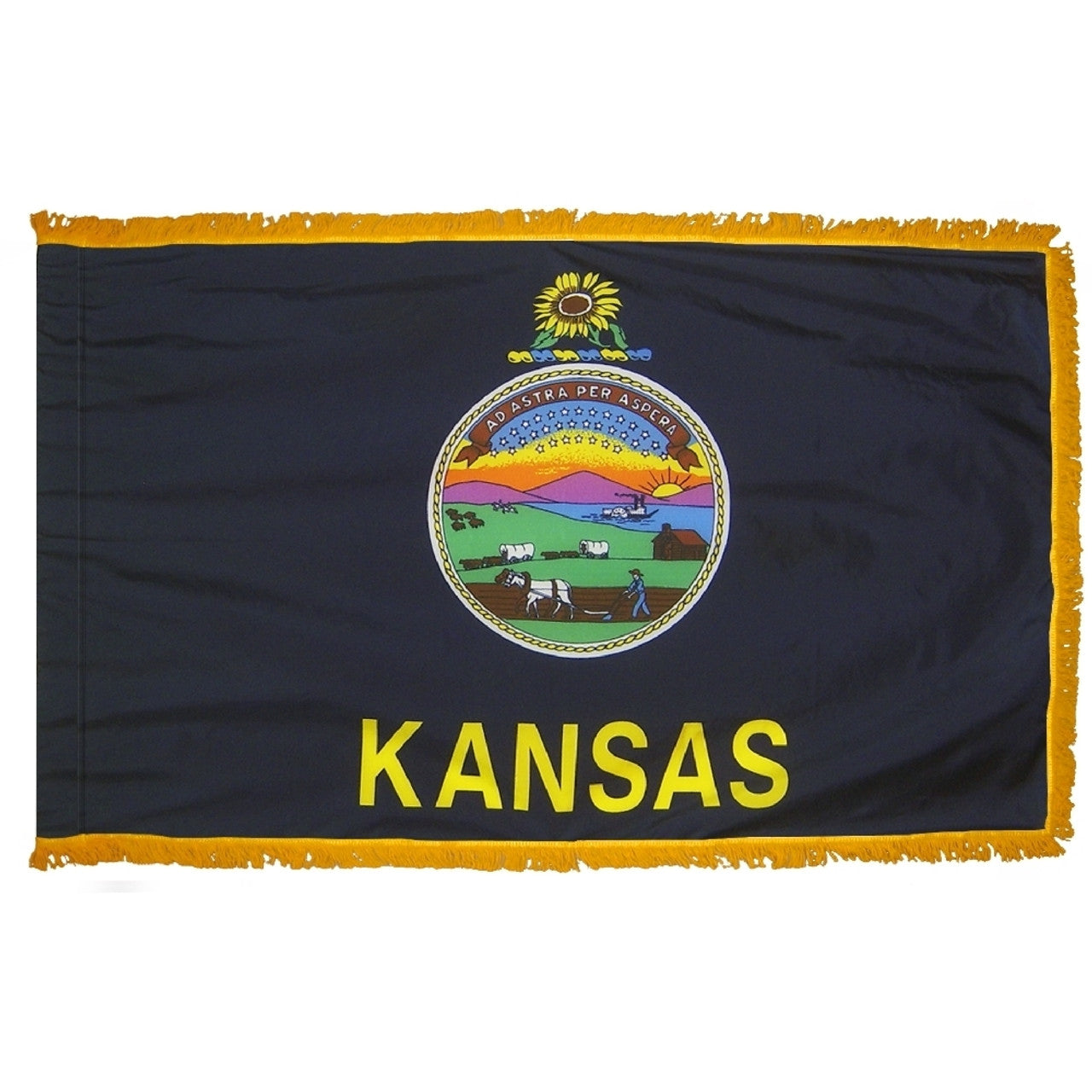 Kansas State Flag 4' x 6' INDOOR Printed Nylon with yellow fringe, features official design specifications, including a logo, yellow letters, and a flannel-lined pole sleeve.