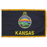 Kansas State Flag 4' x 6' INDOOR Printed Nylon with yellow fringe, features official design specifications, including a logo, yellow letters, and a flannel-lined pole sleeve.