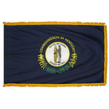 Kentucky State Flag 3' x 5' INDOOR Printed Nylon, featuring a blue field, yellow fringe, and pole sleeve with Velcro tabs; not for outdoor use.