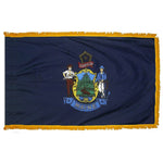 Maine State Flag 3' x 5' INDOOR Printed Nylon with yellow fringe, featuring Maine's emblem with two men, a deer, and a star.