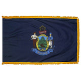 Maine State Flag 3' x 5' INDOOR Printed Nylon with yellow fringe, featuring Maine's emblem with two men, a deer, and a star.