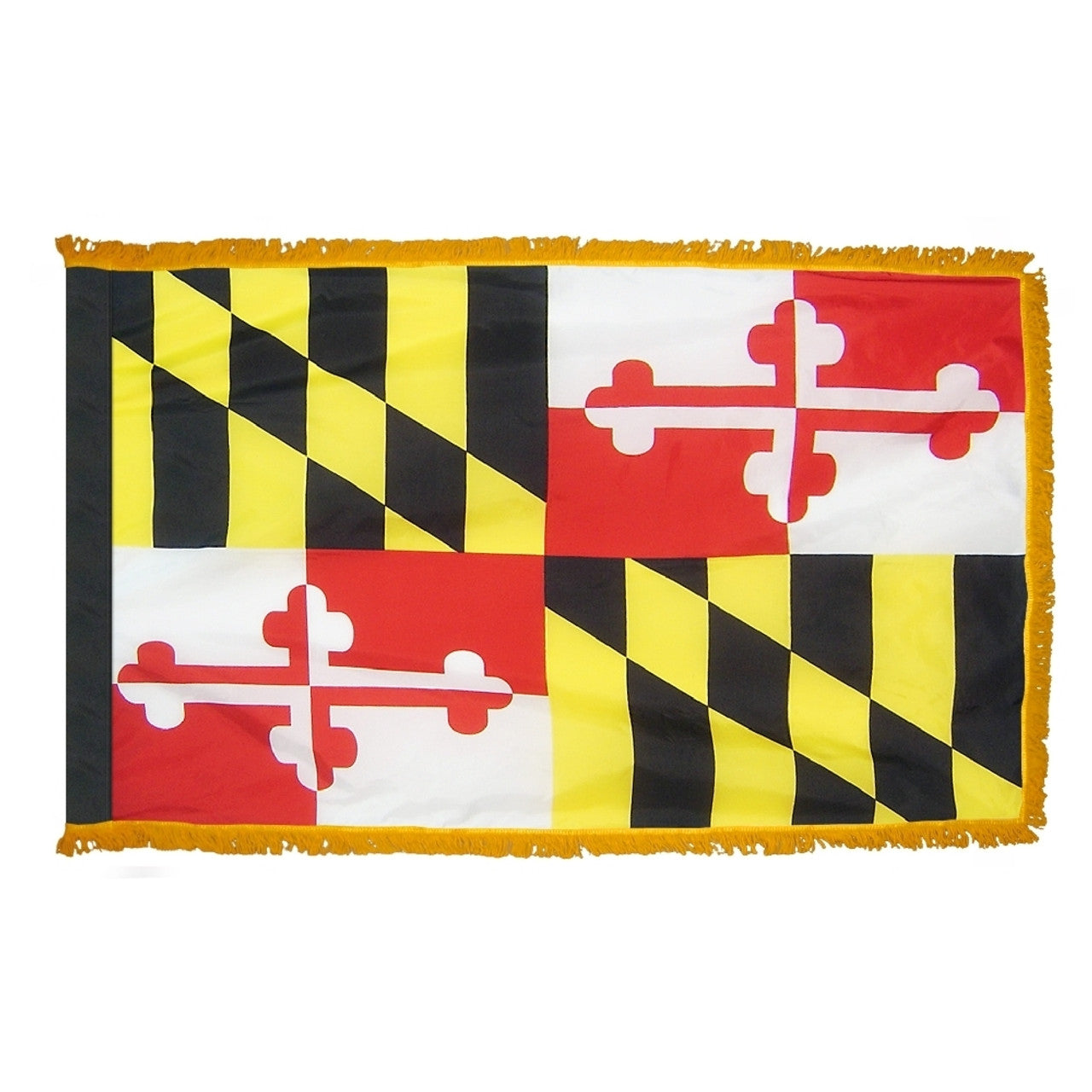 Maryland State Flag 4' x 6' INDOOR Printed Nylon, featuring the crimson cross of St. Andrew on a white field with a pole sleeve and golden yellow fringe.