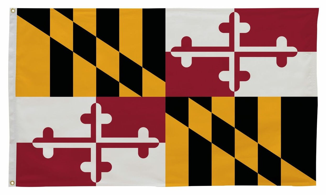 Maryland State Flag 12 x 18 Printed Nylon with black and yellow diamond pattern, canvas header, brass grommets, and UV-resistant material, suitable for outdoor use.