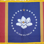 Mississippi State Flag 4' x 6' INDOOR Printed Nylon, featuring a blue field with white flowers, stars, and a golden yellow fringe.