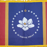 Mississippi State Flag 4' x 6' INDOOR Printed Nylon, featuring a blue field with white flowers, stars, and a golden yellow fringe.