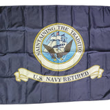 US Navy Retired Flag Printed, featuring an eagle and ship emblem, made of heavyweight nylon with brass grommets and a strong canvas header.