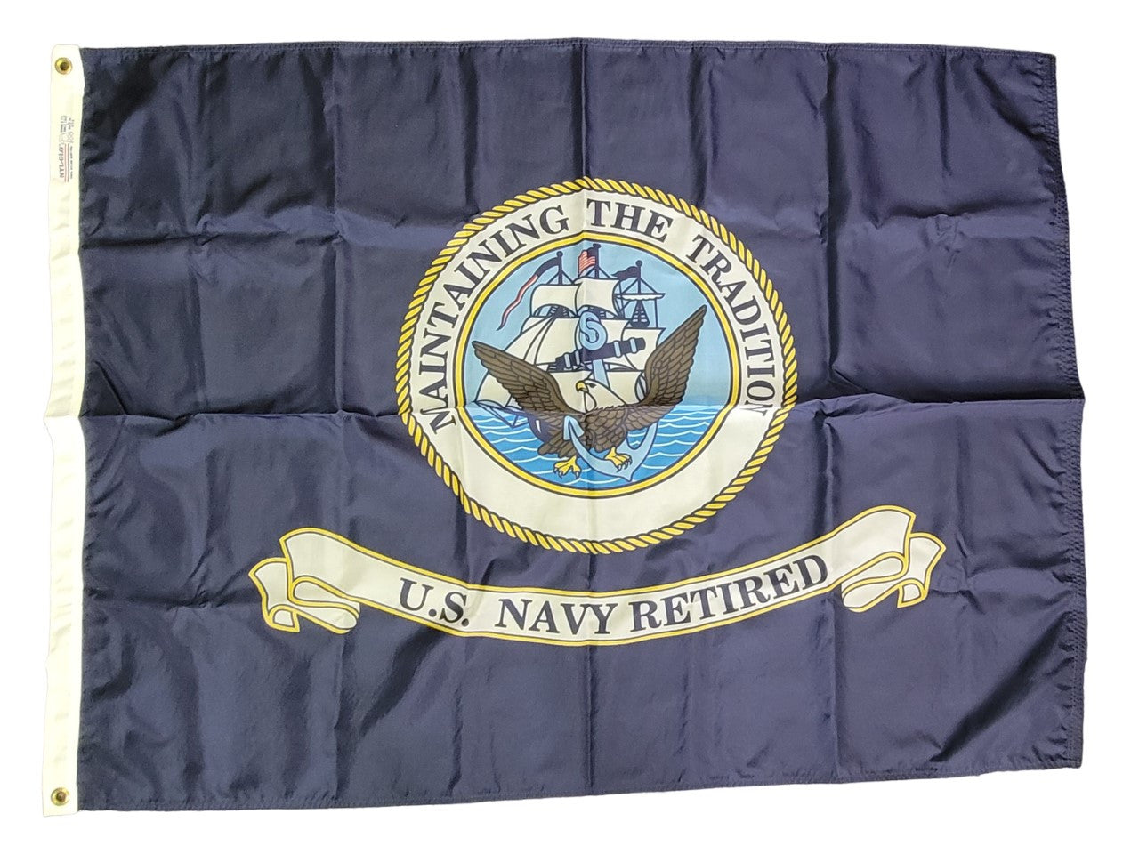 US Navy Retired Flag Printed, featuring an eagle and ship emblem, made of heavyweight nylon with brass grommets and a strong canvas header.