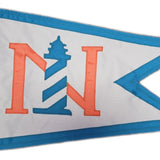 Custom SEWN Applique BURGEE featuring a white and orange pennant with a letter N, showcasing high-quality, hand-sewn applique details.