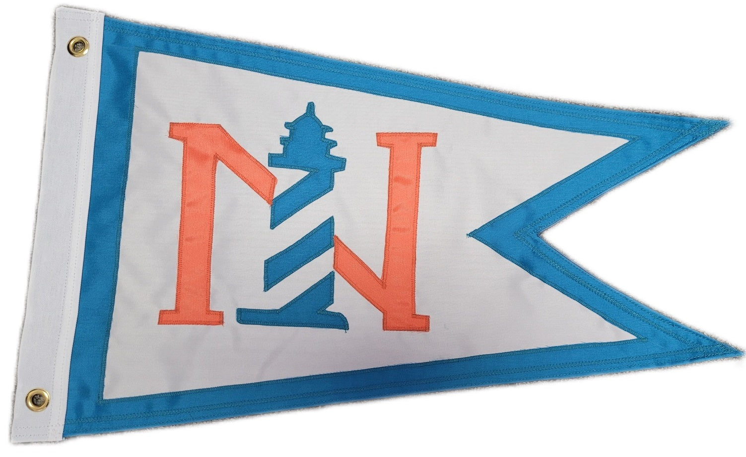 Custom SEWN Applique BURGEE featuring a white and orange pennant with a letter N, showcasing high-quality, hand-sewn applique details.