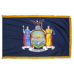 New York State Flag 3' x 5' INDOOR Printed Nylon with yellow fringe, featuring a blue and yellow design, and flannel-lined pole sleeve with Velcro tabs.