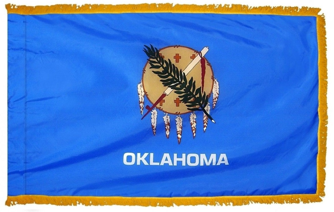 Oklahoma State Flag 4' x 6' INDOOR Printed Nylon with yellow fringe, featuring a feathered sword and shield emblem, designed for indoor use only.