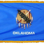 Oklahoma State Flag 4' x 6' INDOOR Printed Nylon with yellow fringe, featuring a feathered sword and shield emblem, designed for indoor use only.