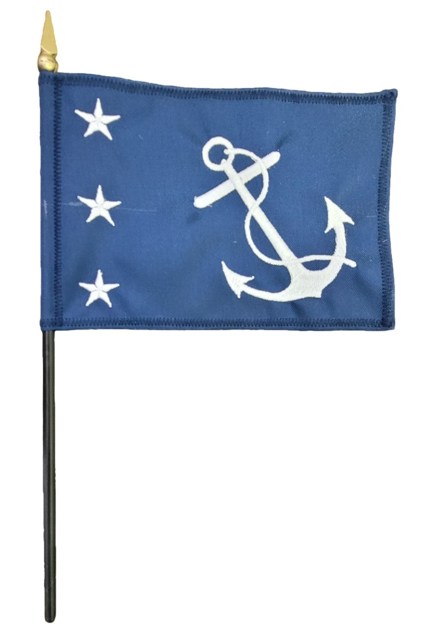 Past Commodore Yacht Club Officer 4 x 6 Sewn and Embroidered Stick Table Flag with white anchor and stars on blue background, black plastic staff, and gold top.