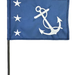 Past Commodore Yacht Club Officer 4 x 6 Sewn and Embroidered Stick Table Flag with white anchor and stars on blue background, black plastic staff, and gold top.