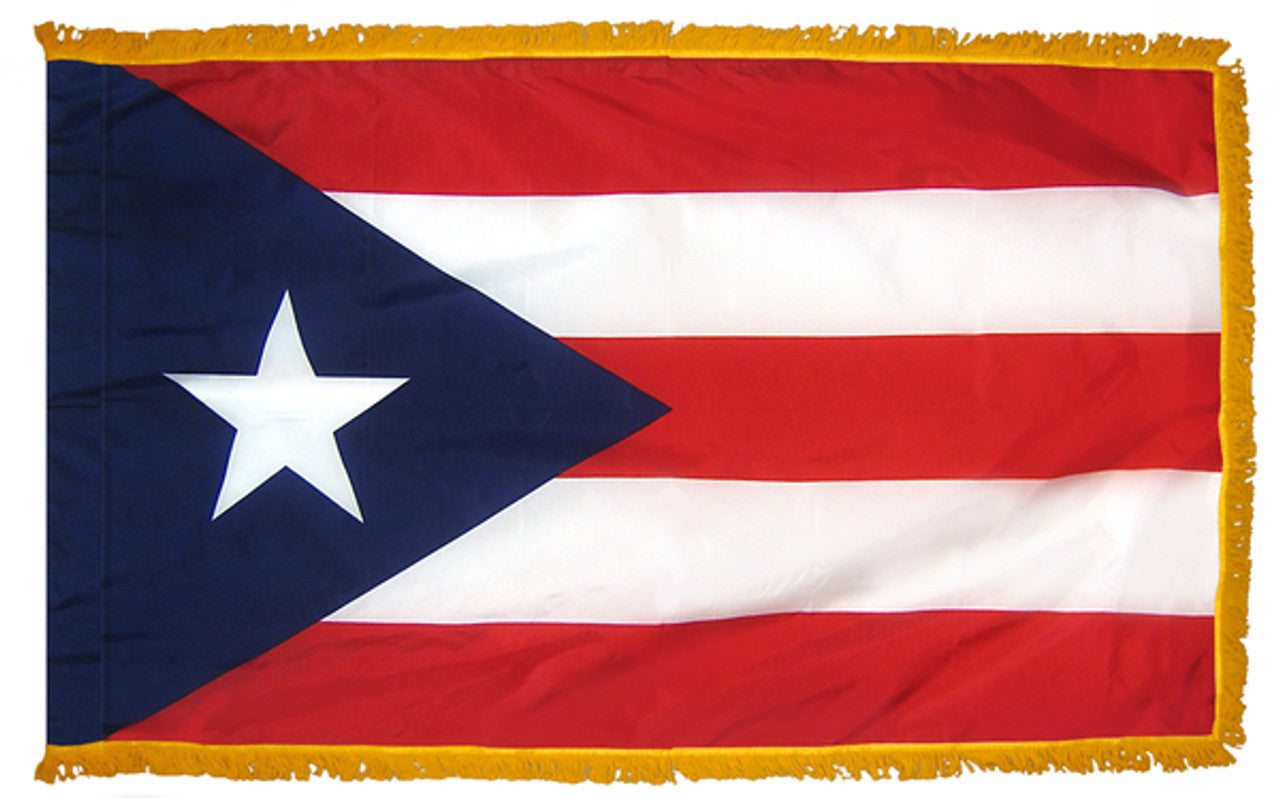 Puerto Rico Flag 3' x 5' INDOOR Printed Nylon, showing a white star within a blue triangle, designed with a flannel-lined pole sleeve and Velcro tabs.