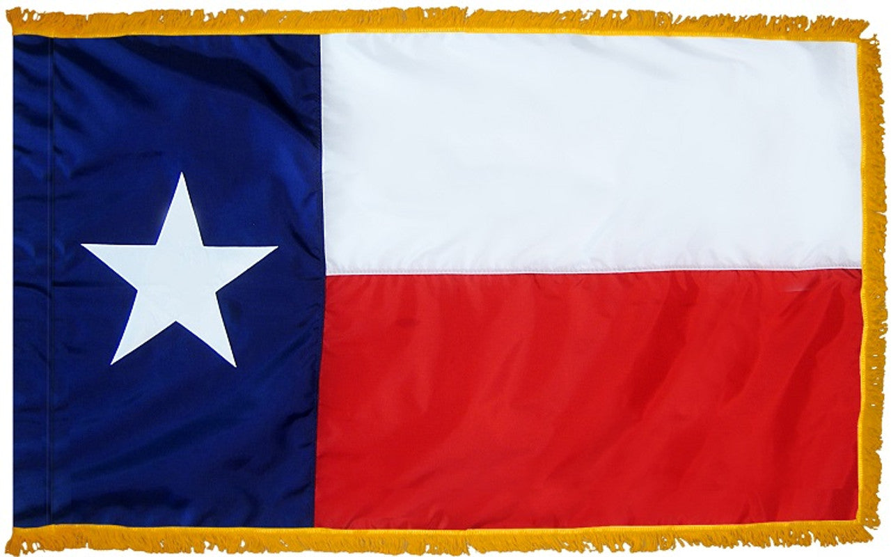 Texas State Flag 4' x 6' INDOOR Printed Nylon featuring a white star on a blue background, golden yellow fringe, flannel lined pole sleeve with Velcro tabs.