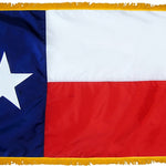 Texas State Flag 3' x 5' INDOOR Printed Nylon with a white star on a blue background, yellow fringe, and Velcro tabs for pole attachment.