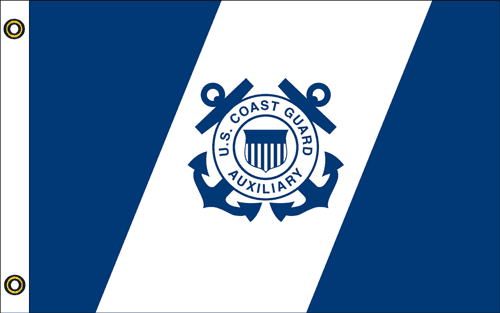 US Coast Guard Auxiliary Ensign 15 x 23 Nylon Sewn Applique Embroidered Flag featuring a blue and white design with an anchor and shield emblem.