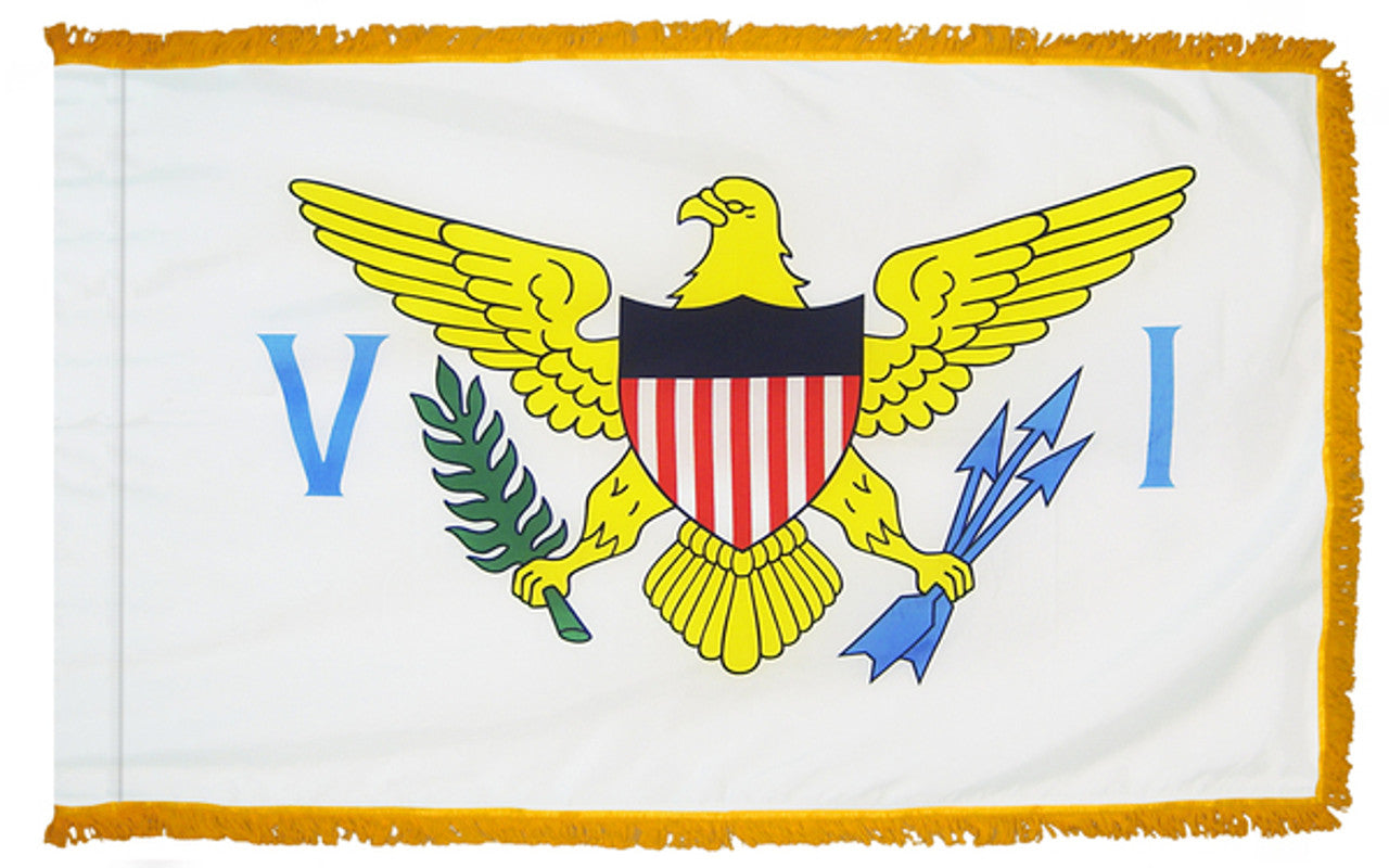 US Virgin Islands Flag 3' x 5' INDOOR Printed Nylon featuring a yellow eagle with red and blue stripes, shield, arrows, and golden yellow fringe.