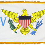 US Virgin Islands Flag 3' x 5' INDOOR Printed Nylon featuring a yellow eagle with red and blue stripes, shield, arrows, and golden yellow fringe.