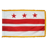 District of Columbia Flag 4' x 6' INDOOR Printed Nylon with yellow fringe, red and white design, and Velcro tabs on pole sleeve.