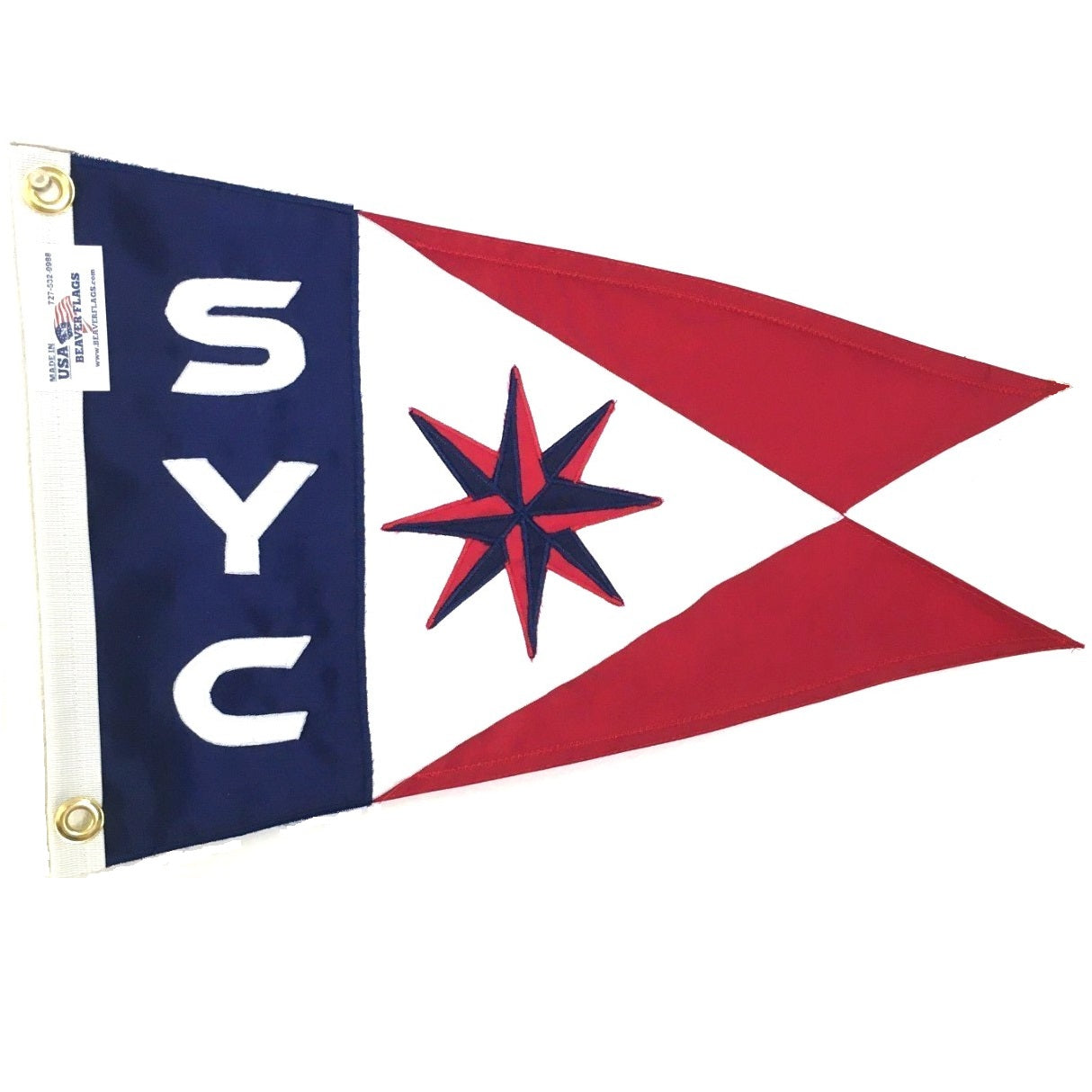 Custom SEWN Personalized Flags, Company Pennants, Boat Burgees displaying a red, white, and blue triangle design with a central red and black star.