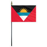 Antigua and Barbuda 4 x 6 Printed Stick Flag on a pole, featuring a distinctive triangle design with a sun symbol.